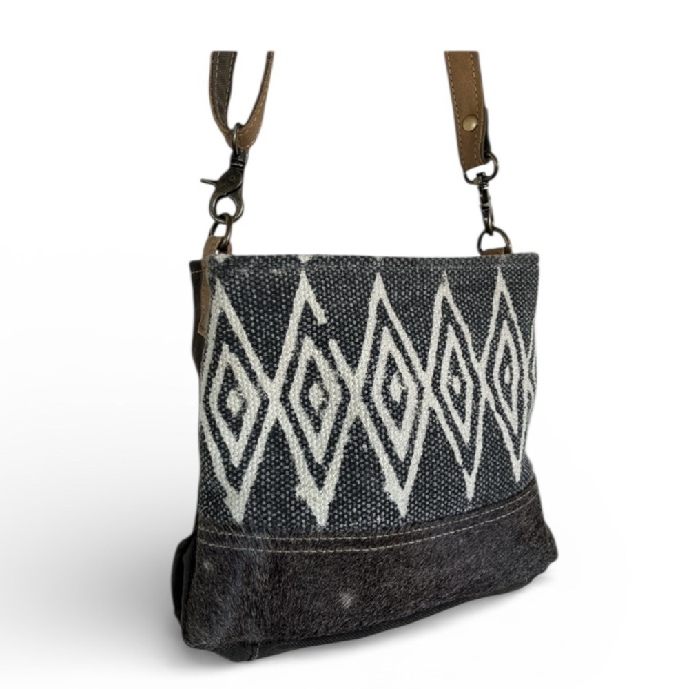 Myra Bag Black / Cream Tapestry Canvas & Cowhide Crossbody Bag